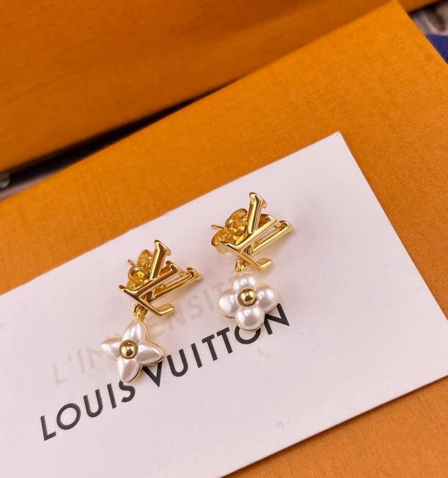 Louis Vuitton Gold Monogram Earrings with Pearl Flower